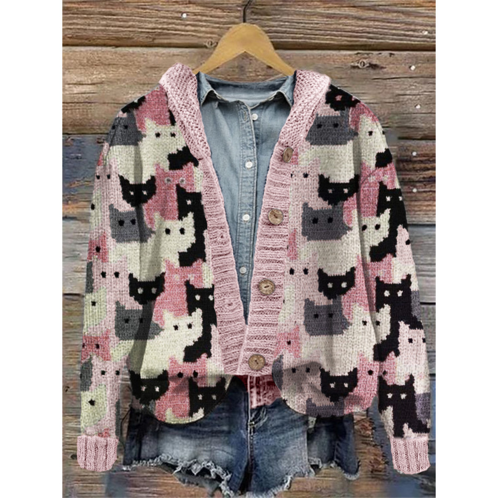 Crowded Cats Pink Knit Art Cozy Hooded Cardigan