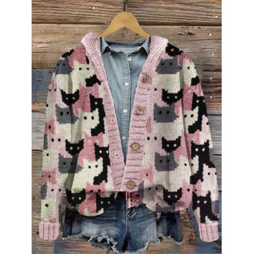 Crowded Cats Pink Knit Art Cozy Hooded Cardigan