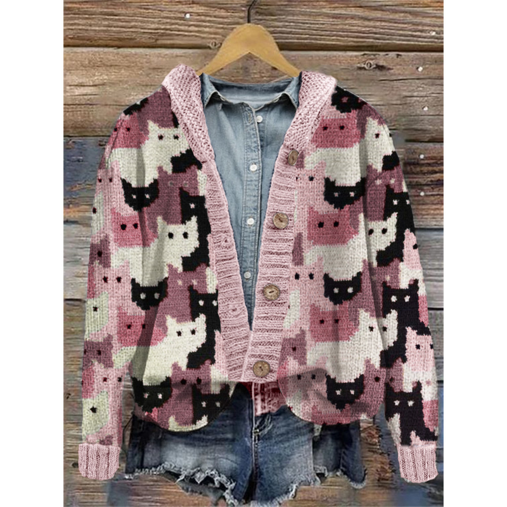 Crowded Cats Pink Knit Art Cozy Hooded Cardigan