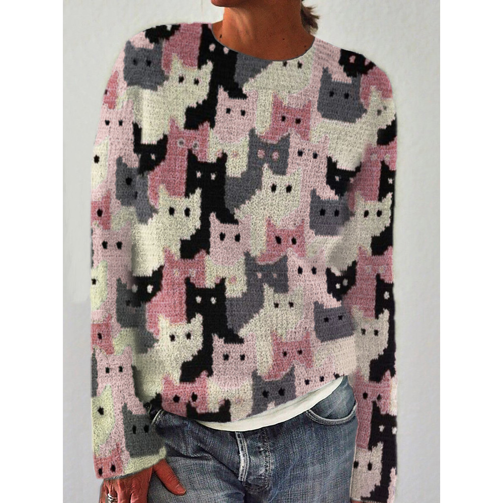 Crowded Cats Pink Knit Art Cozy Sweater