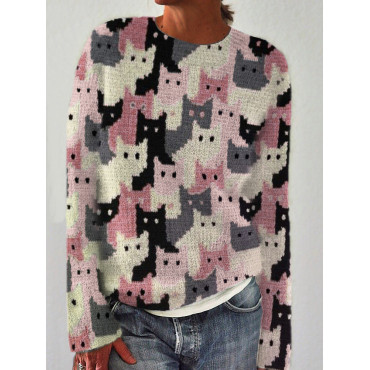 Crowded Cats Pink Knit Art Cozy Sweater