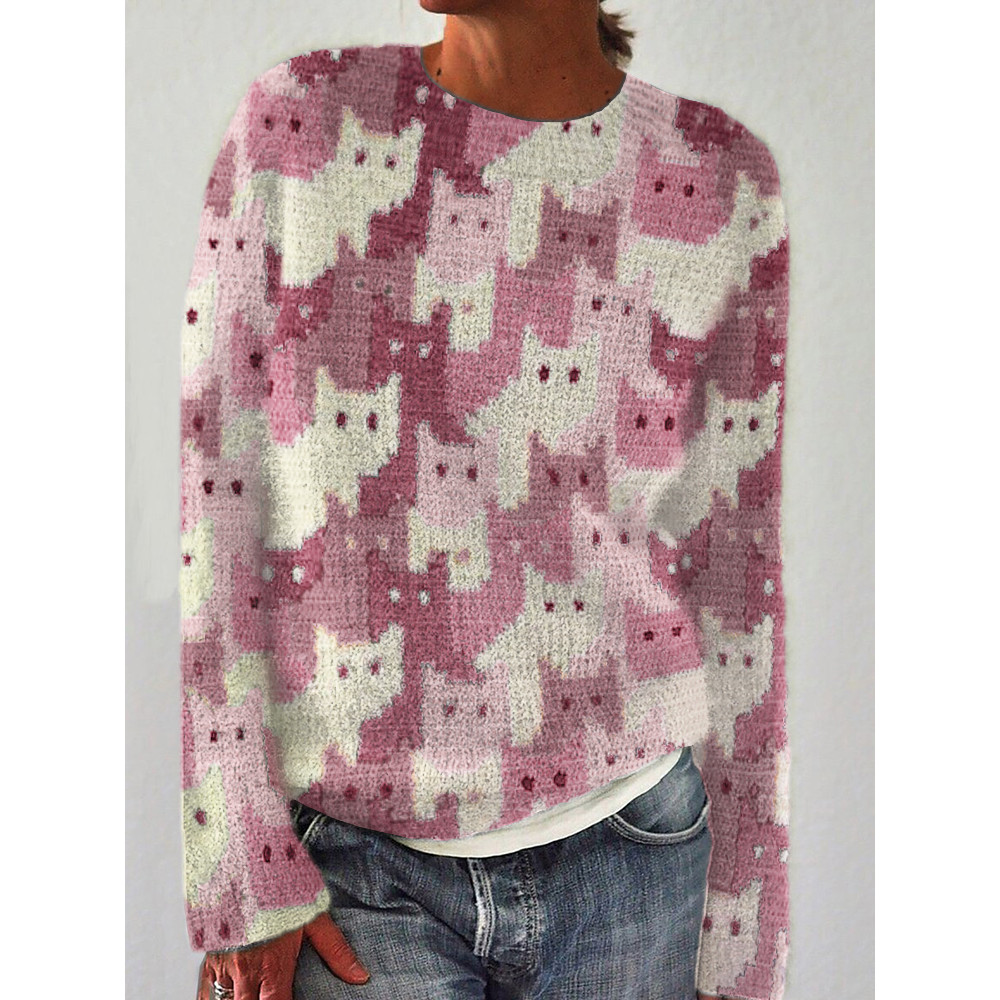 Crowded Cats Pink Knit Art Cozy Sweater