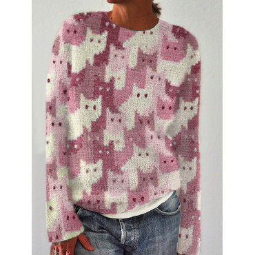 Crowded Cats Pink Knit Art Cozy Sweater