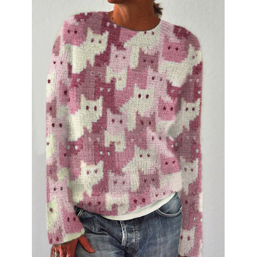 Crowded Cats Pink Knit Art Cozy Sweater