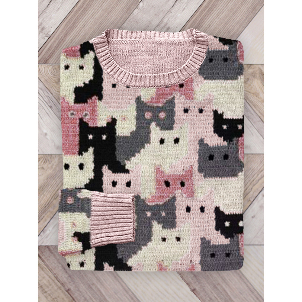 Crowded Cats Pink Knit Art Cozy Sweater