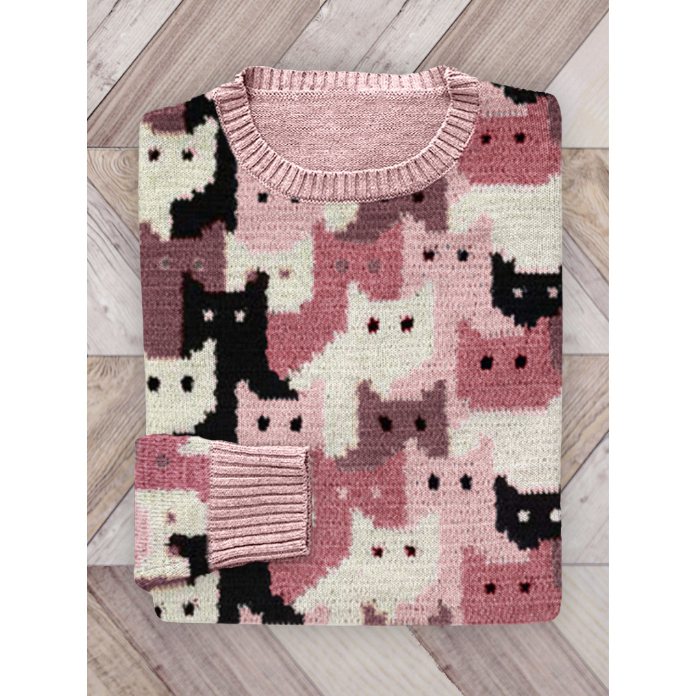 Crowded Cats Pink Knit Art Cozy Sweater