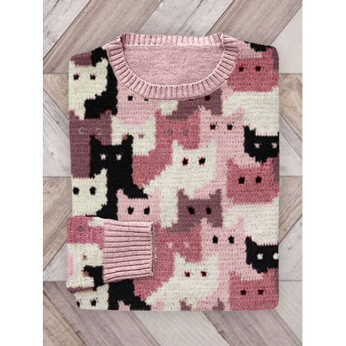 Crowded Cats Pink Knit Art Cozy Sweater