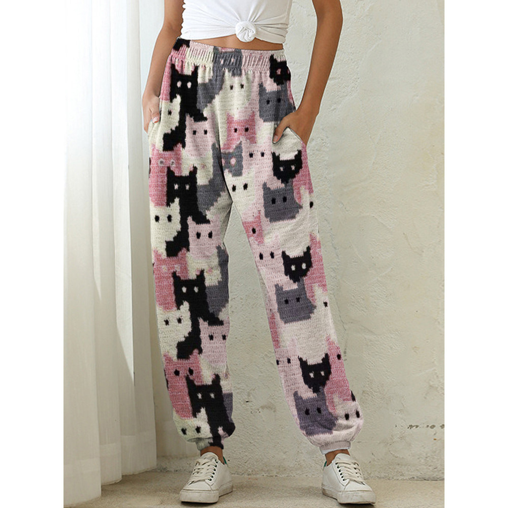 Crowded Cats Pink Knit Art Cozy Sweatpants
