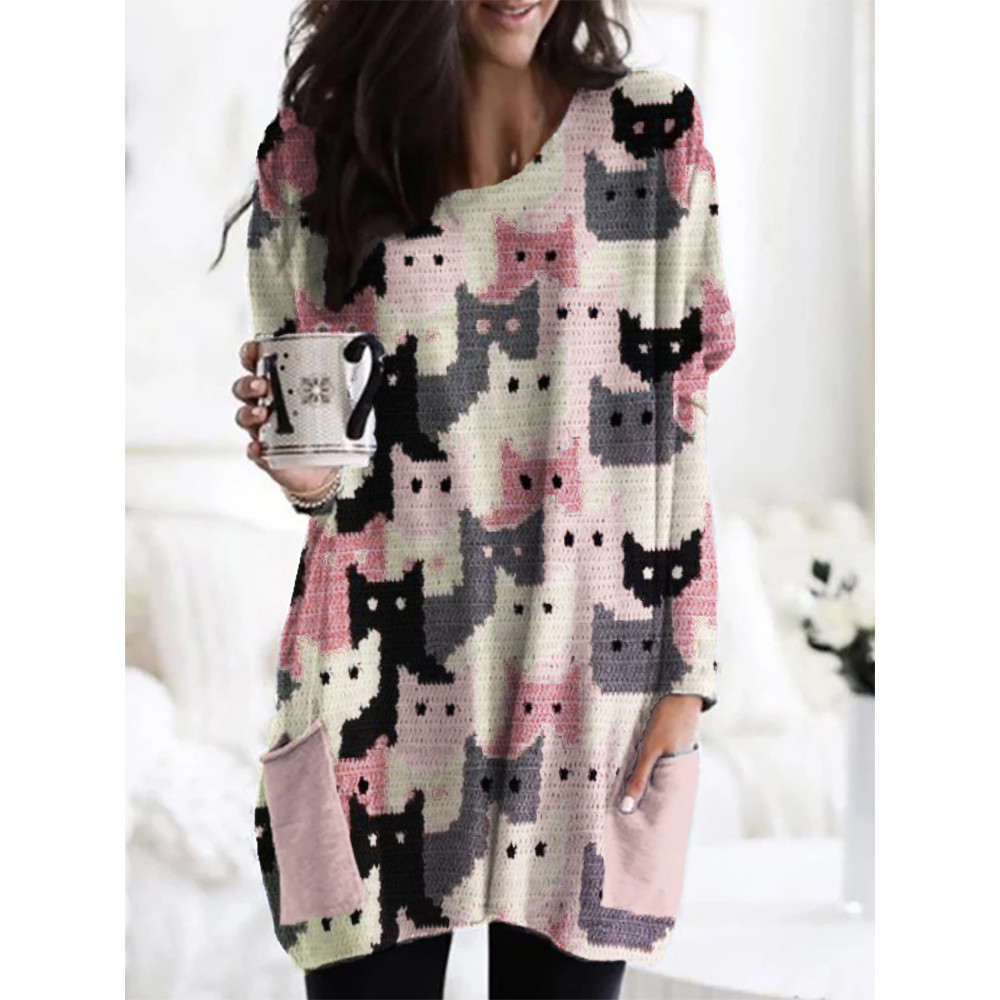 Crowded Cats Pink Knit Art Cozy Tunic
