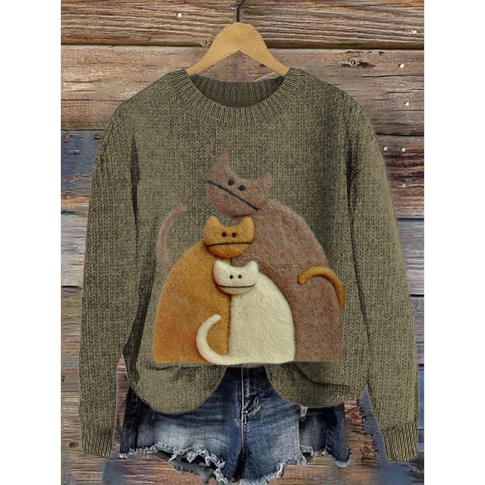 Cuddle Cat Felt Print Cozy Sweater