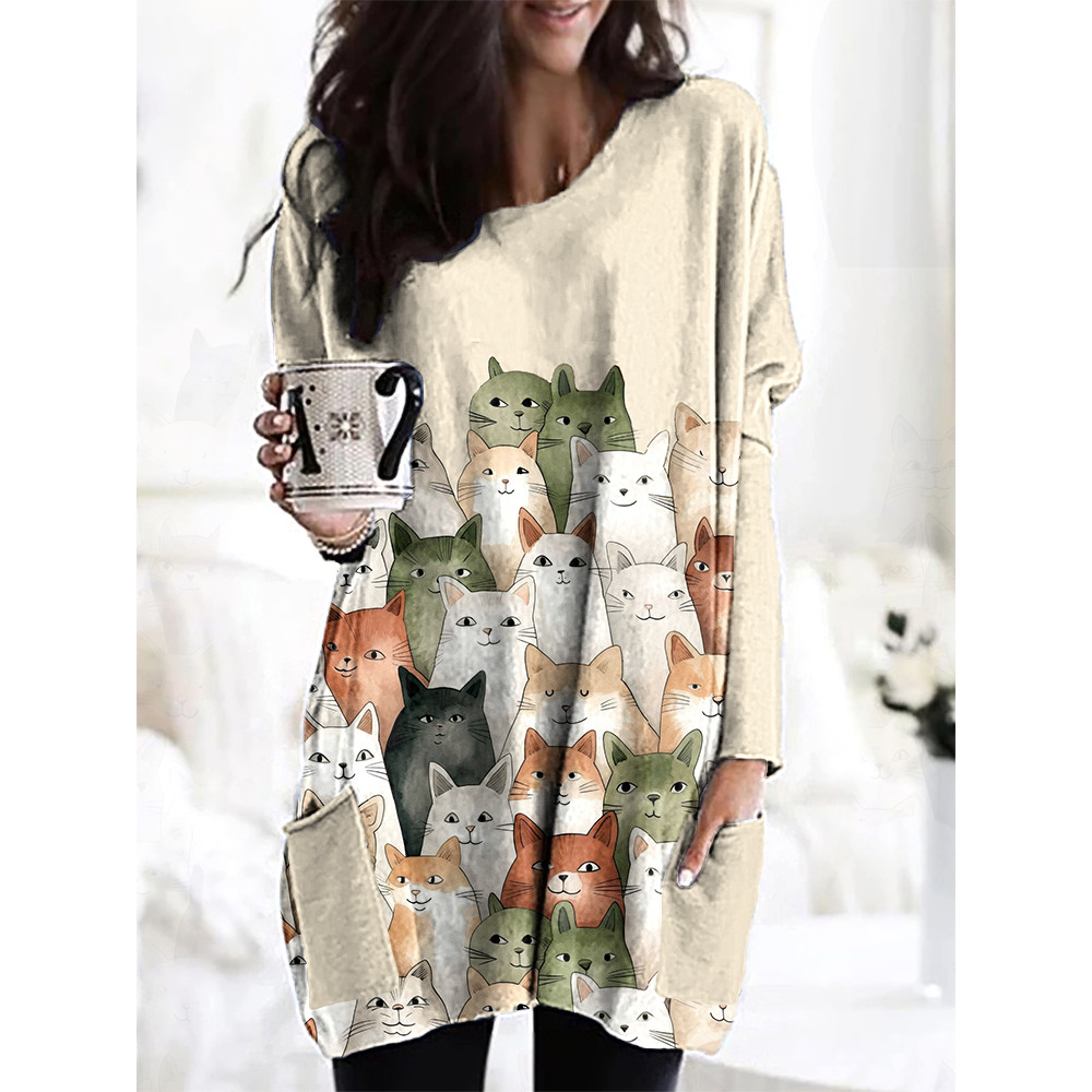 Curious Cats Print Casual Cozy Long Sleeve T-Shirt