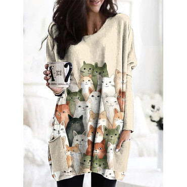 Curious Cats Print Casual Cozy Long Sleeve T-Shirt