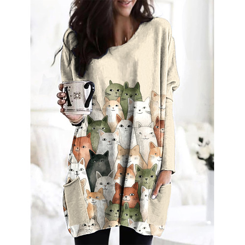 Curious Cats Print Casual Cozy Long Sleeve T-Shirt