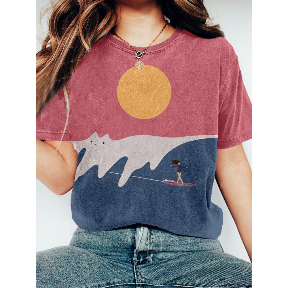Cute Abstract Cat Landscape Art Washed T Shirt