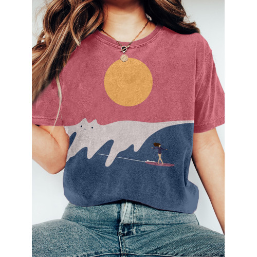 Cute Abstract Cat Landscape Art Washed T Shirt