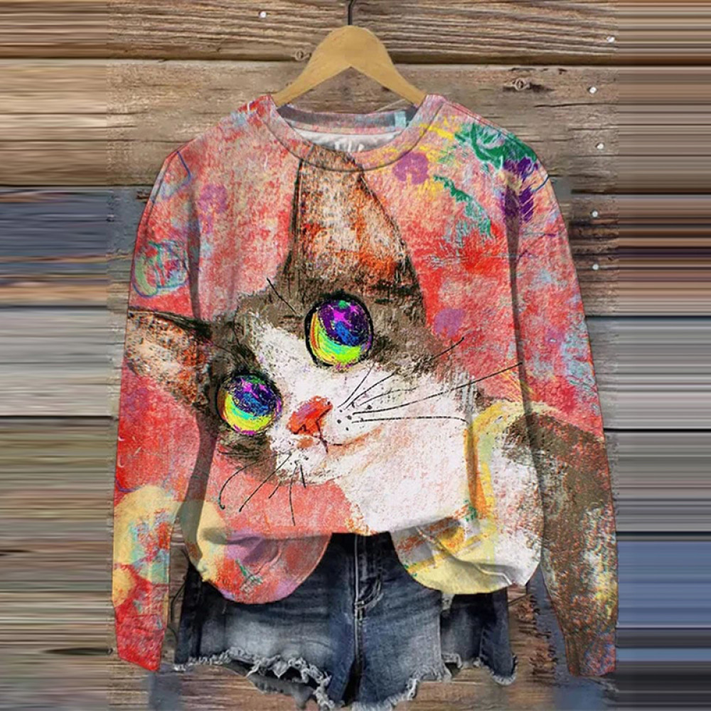 Cute Art Cat Print Crew Neck Sweatshirt