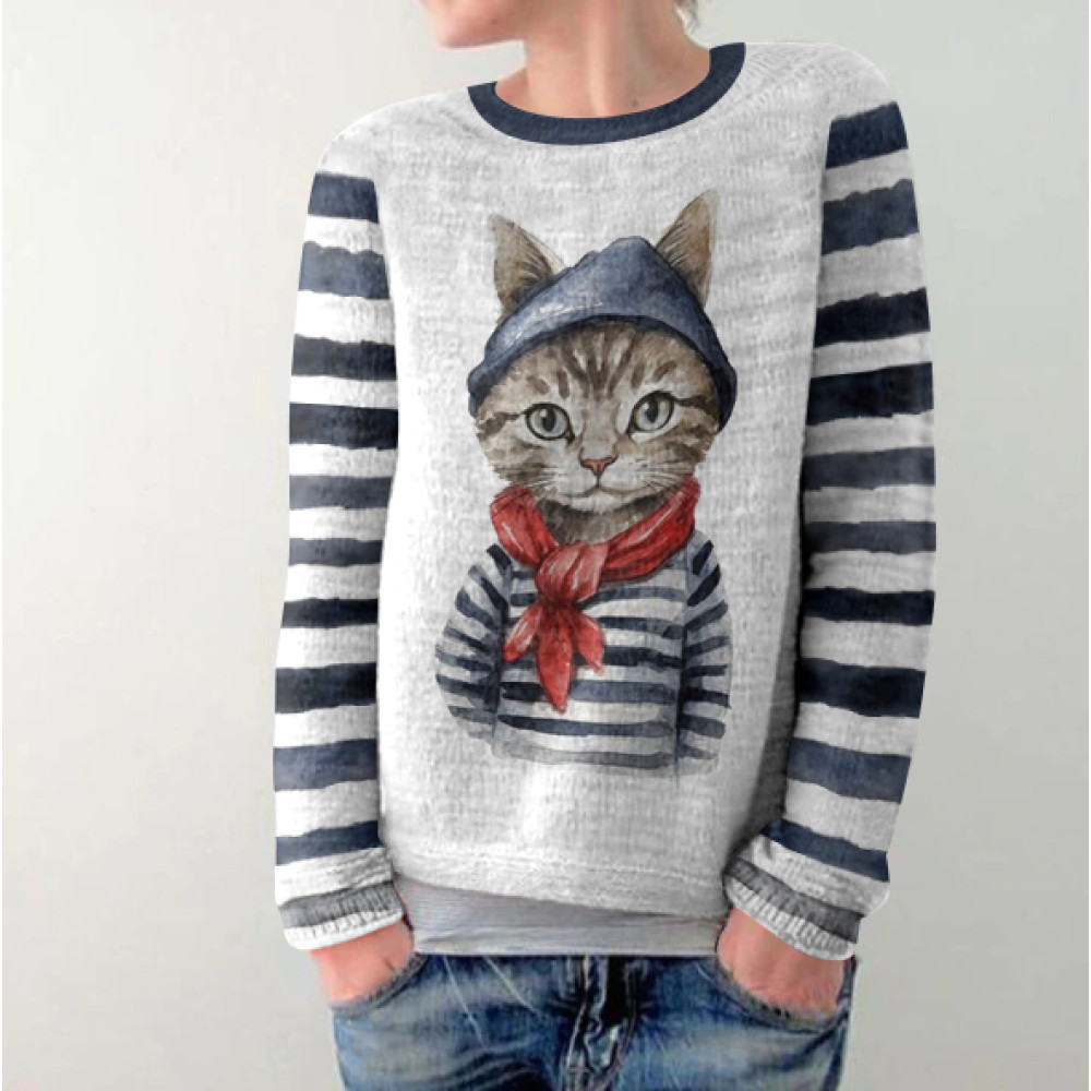 Cute Art Cat Stripes Pattern Crew Neck Cozy Sweater