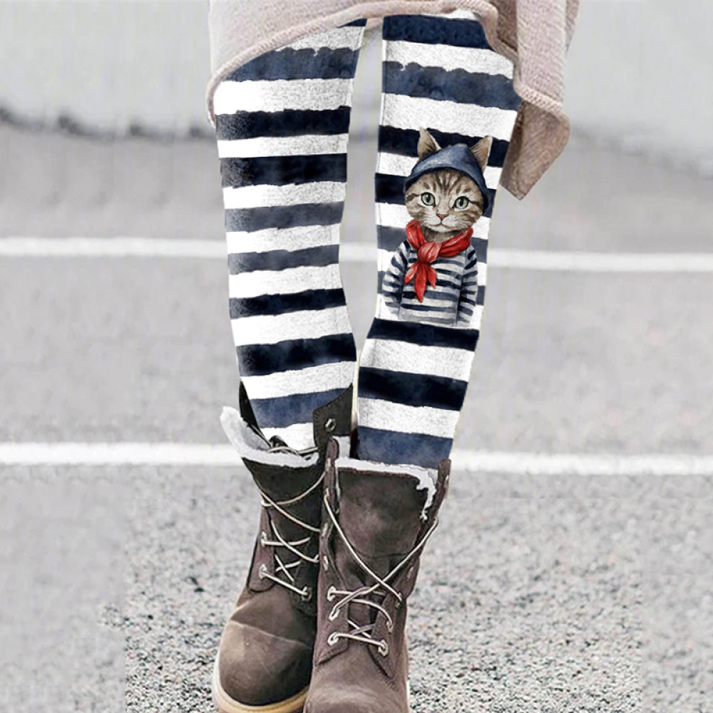 Cute Art Cat Stripes Pattern Tight Elastic Leggings