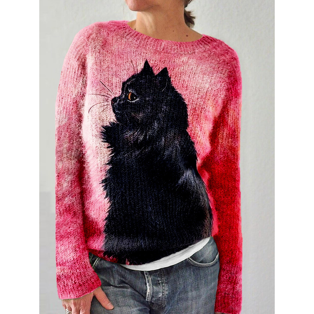 Cute Black Cat Art Crew Neck Cozy Sweater