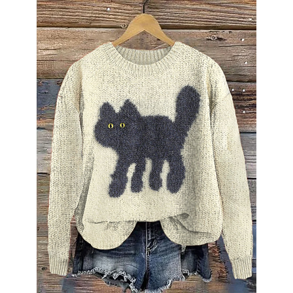 Cute Black Cat Casual Cozy Knit Sweater