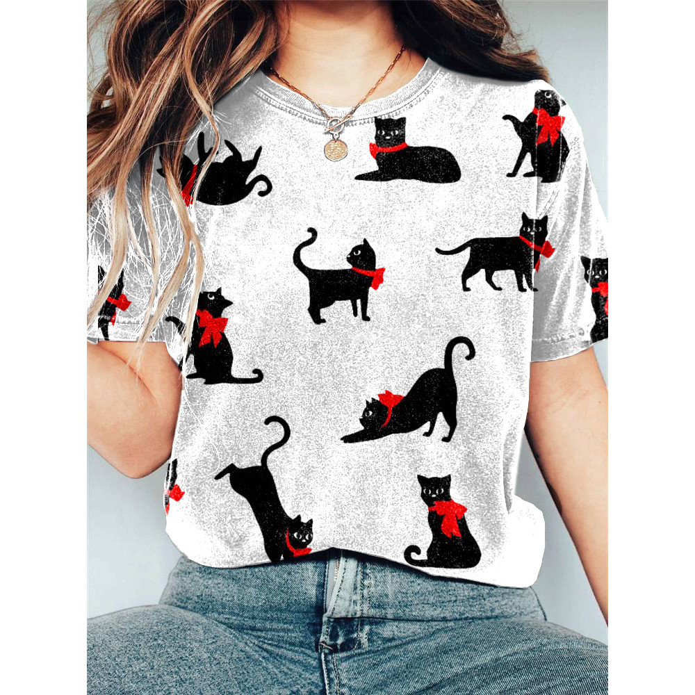 Cute Black Cat Print Casual Cotton Linen Blend T-Shirt