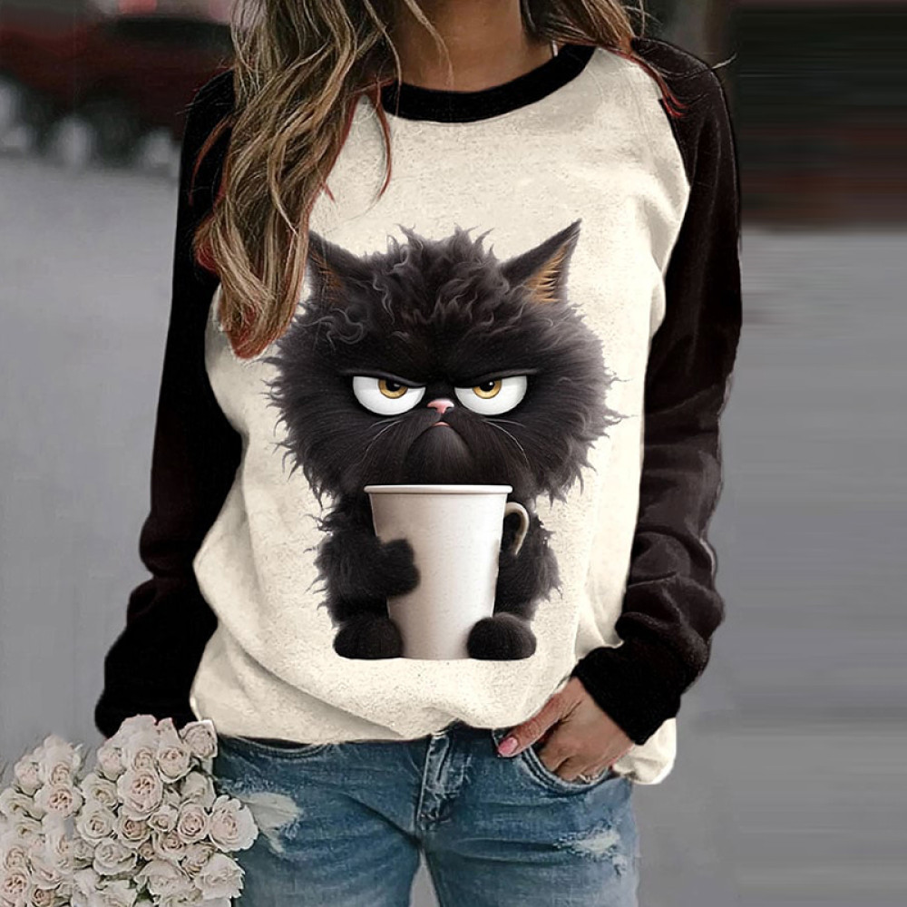 Cute Black Cat Print Crew Neck Casual Sweatshirt