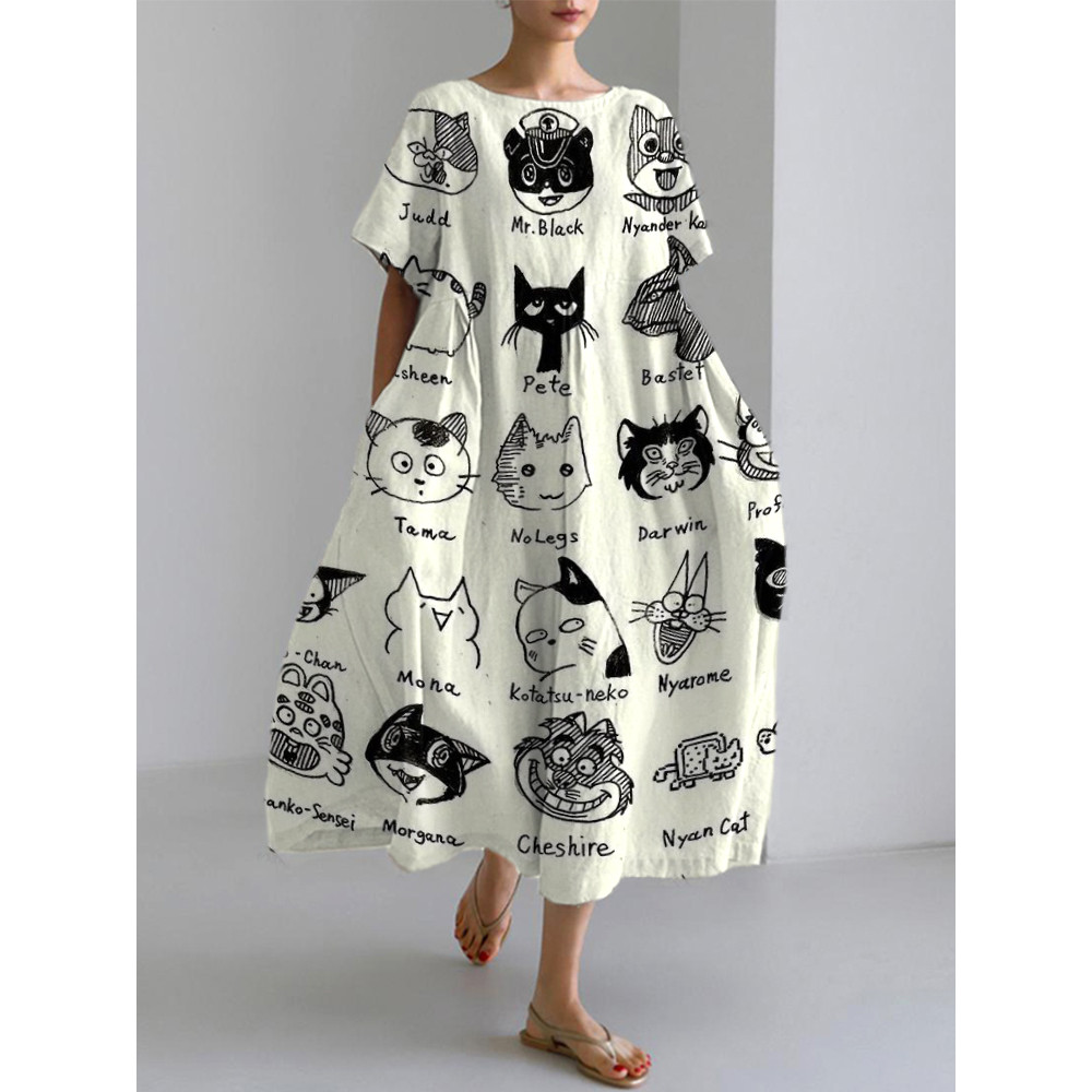 Cute Black Cat Print  Linen Blend Maxi Dress