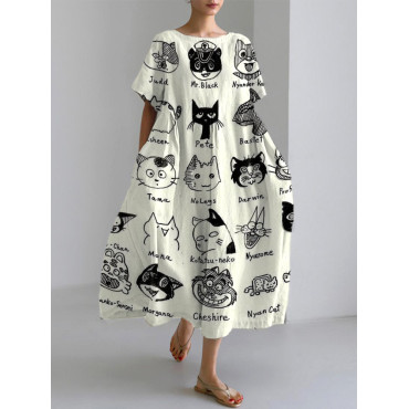 Cute Black Cat Print  Linen Blend Maxi Dress
