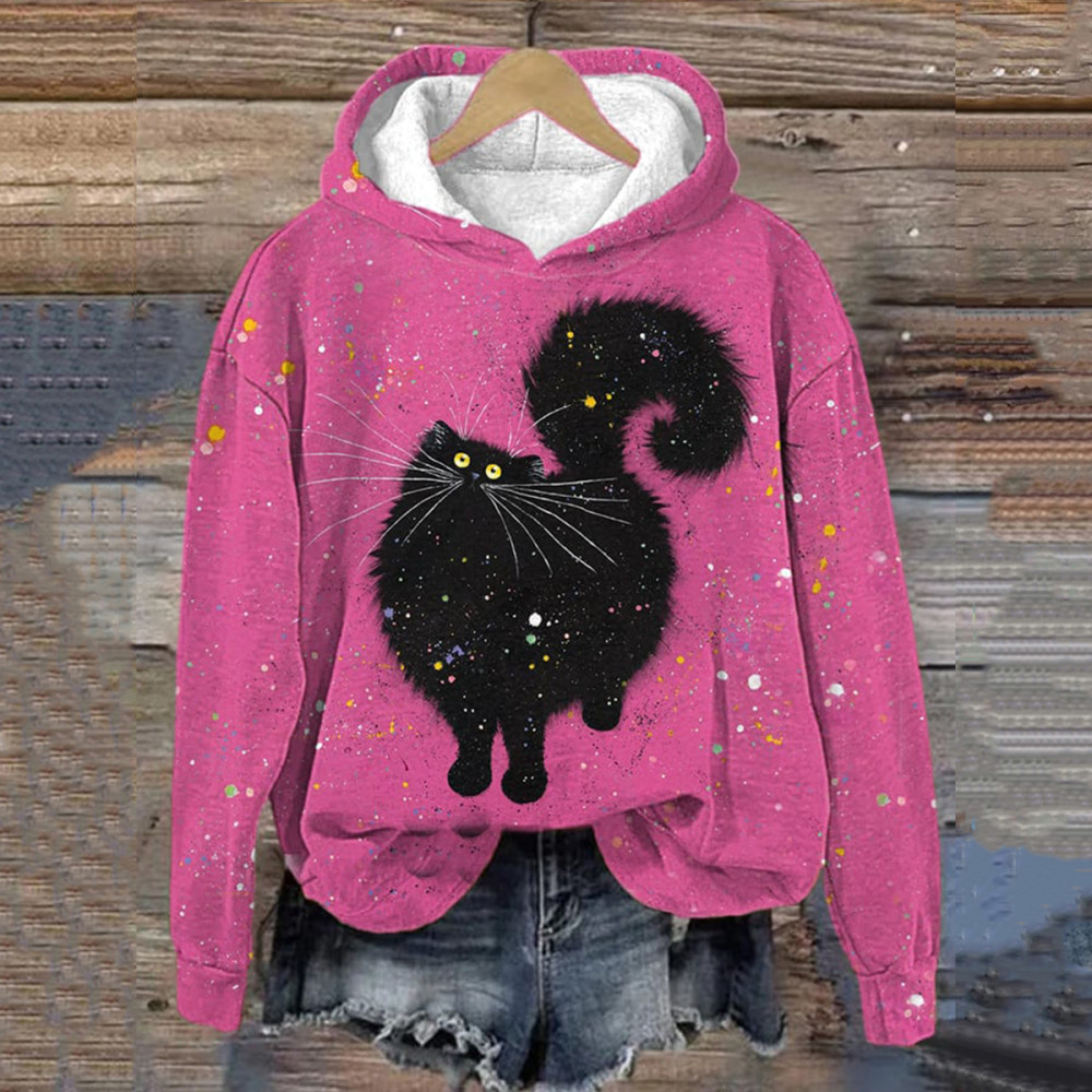 Cute Black Cat Print Long Sleeve Hoodie