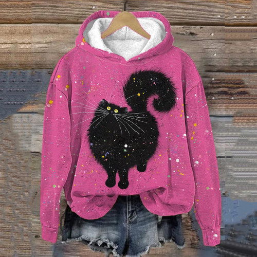 Cute Black Cat Print Long Sleeve Hoodie