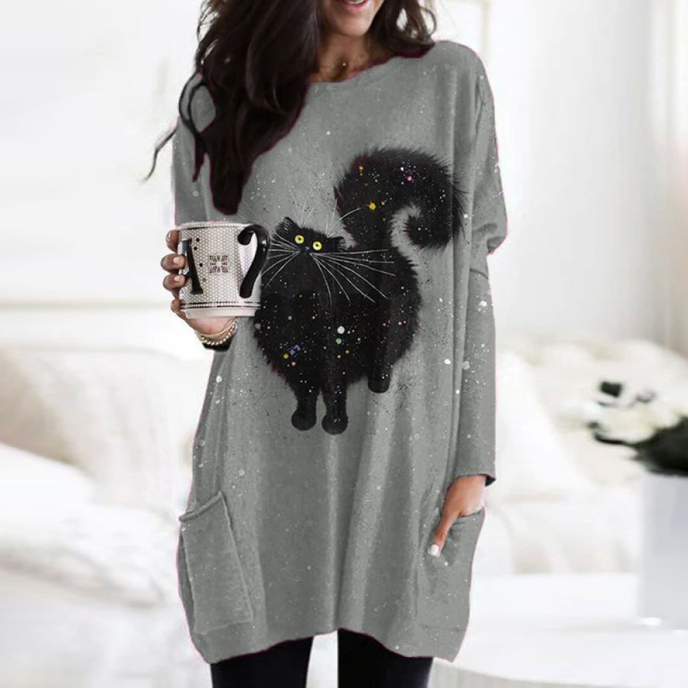 Cute Black Cat Print Round Neck Long Sleeve Tunic