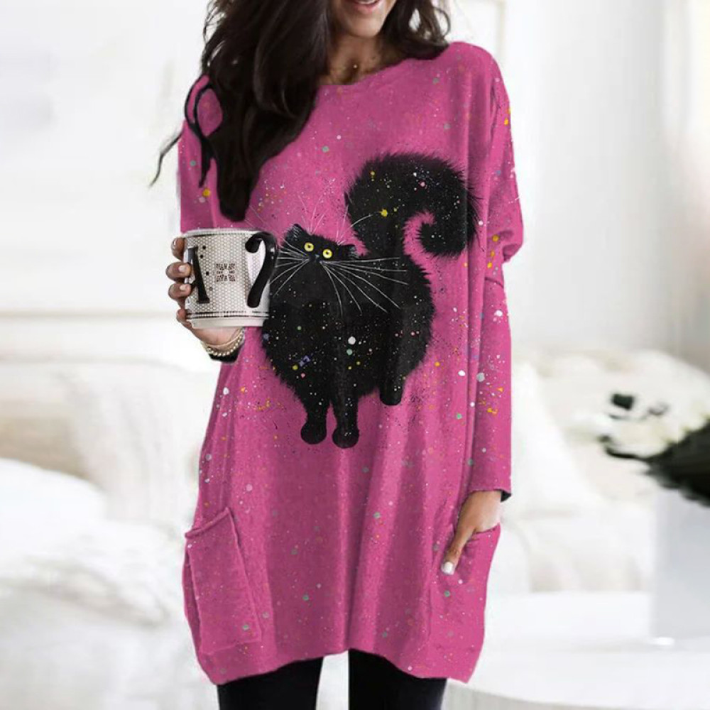 Cute Black Cat Print Round Neck Long Sleeve Tunic