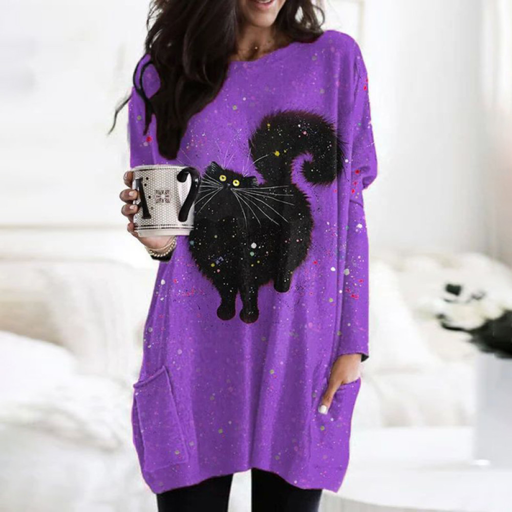 Cute Black Cat Print Round Neck Long Sleeve Tunic
