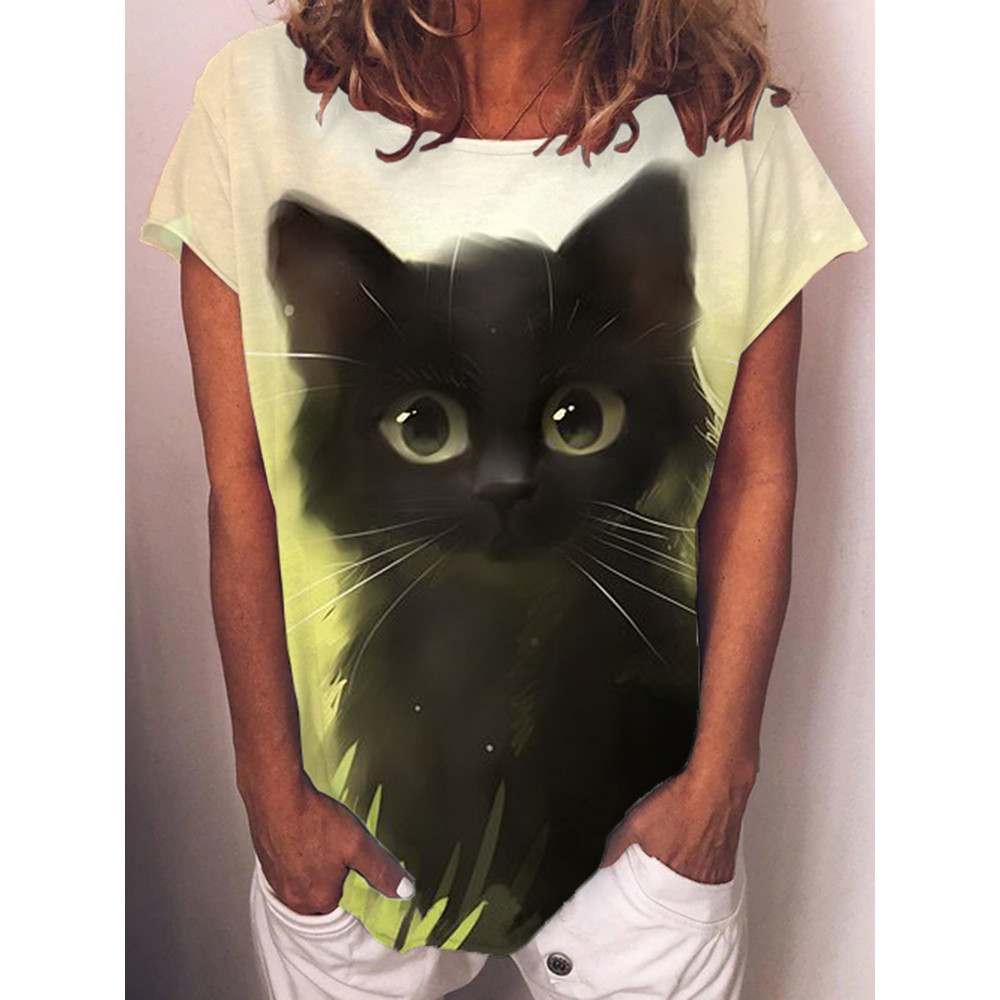 Cute Black Cat Print Short Sleeve Casual T-Shirt