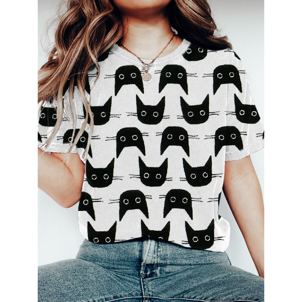 Cute Black Cat Print Short Sleeve T-Shirt
