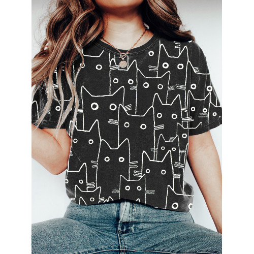 Cute Black & White Line Cat Print Short Sleeve T-Shirt