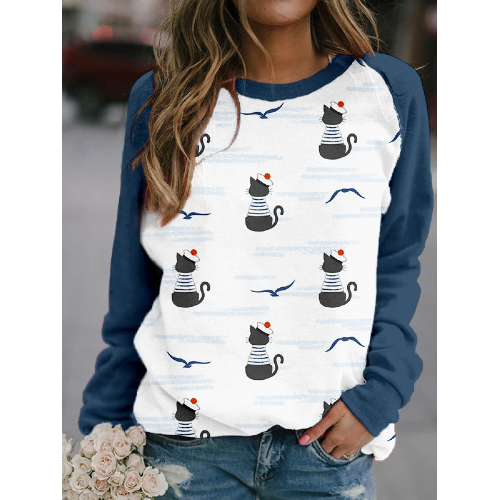 Cute Cartoon Cats Pattern Contrast Comfy Sweatshirt