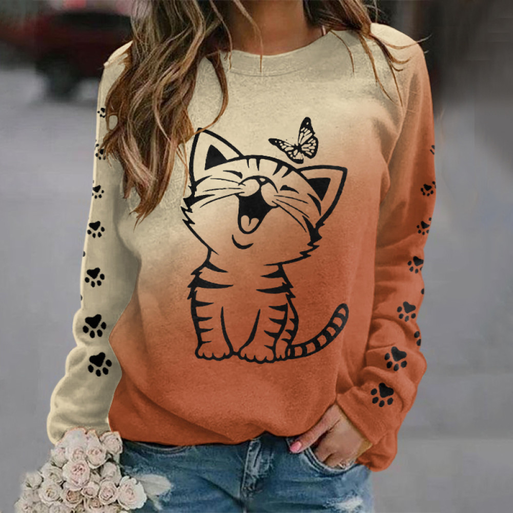 Cute Cat And Butterfly Pattern Crew Neck Casual Sweatshirt