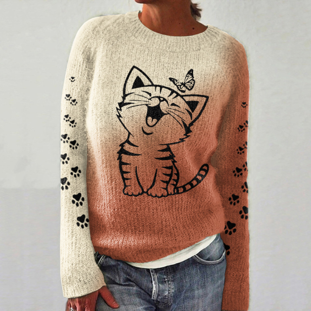 Cute Cat And Butterfly Pattern Crew Neck Cozy Sweater