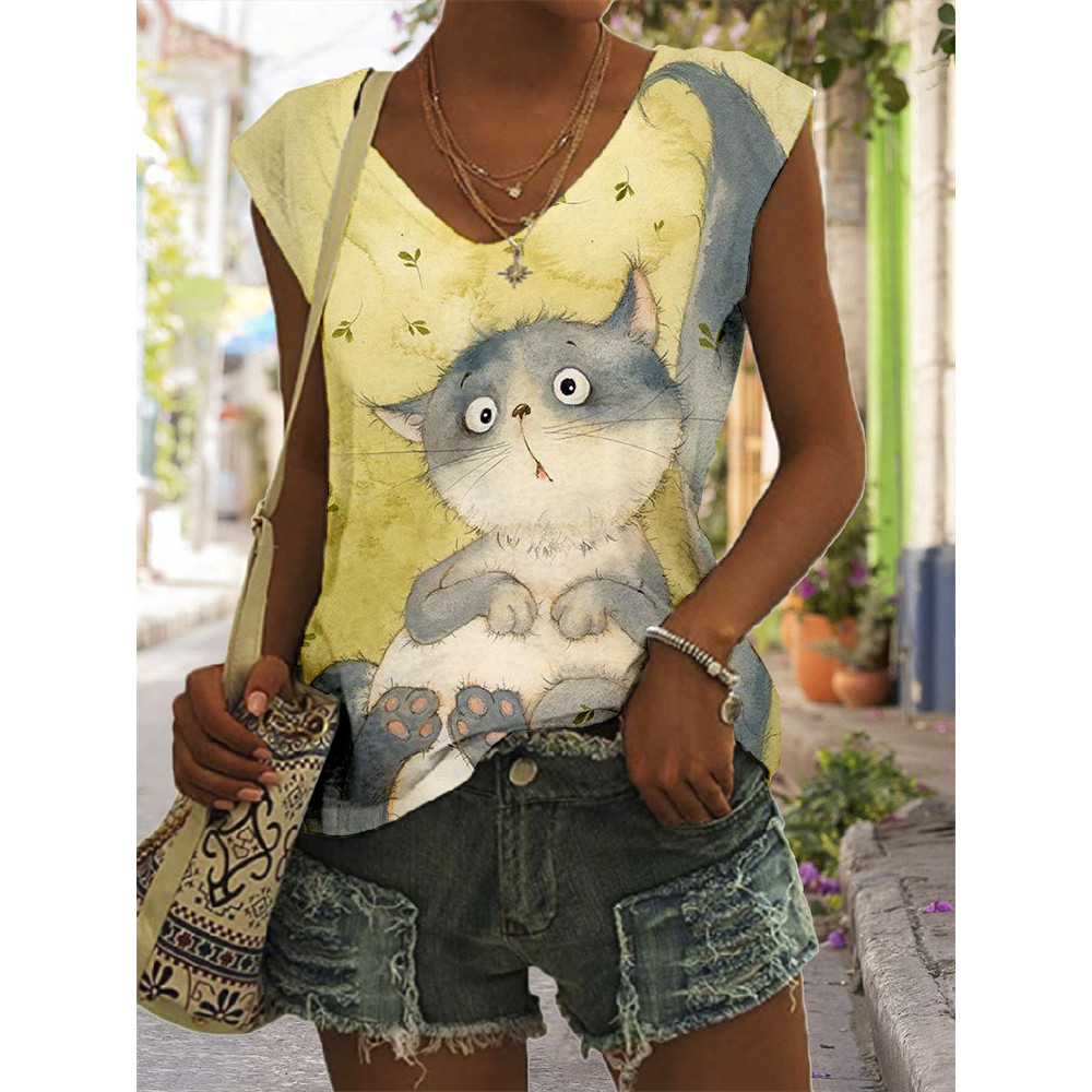 Cute Cat Art Graphic V Neck Casual Tank Top