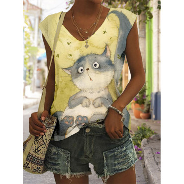 Cute Cat Art Graphic V Neck Casual Tank Top