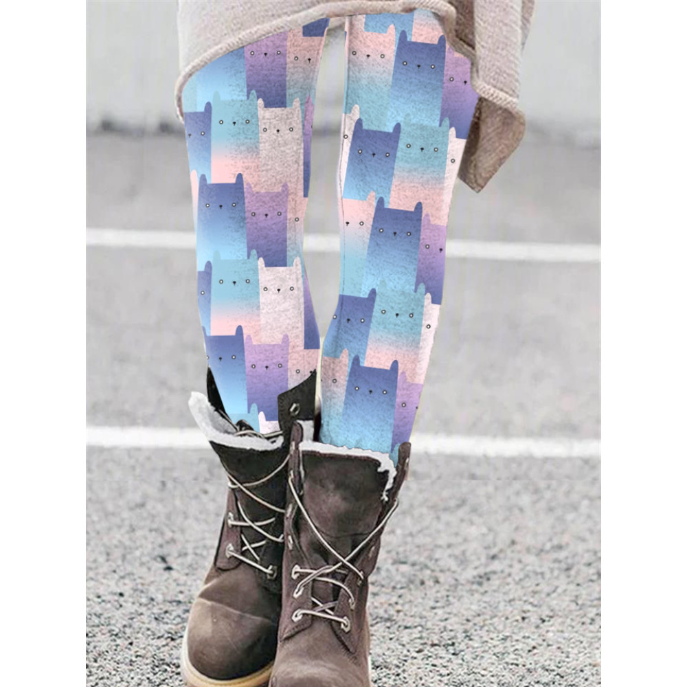 Cute Cat Art Pattern Color Block Tight Elastic Leggings