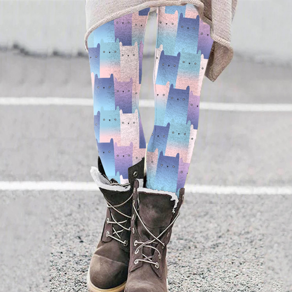 Cute Cat Art Pattern Color Block Tight Elastic Leggings