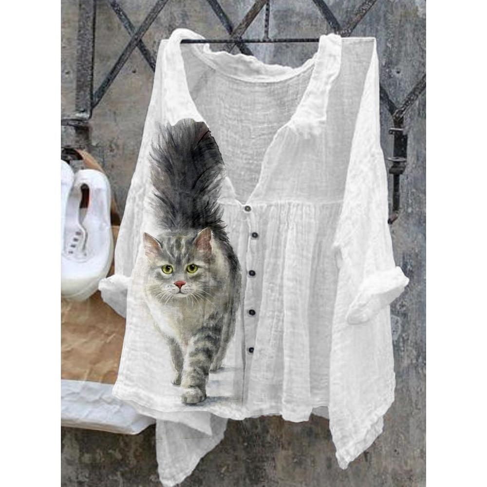 Cute Cat Art Pattern Linen Blend Cozy Shirt