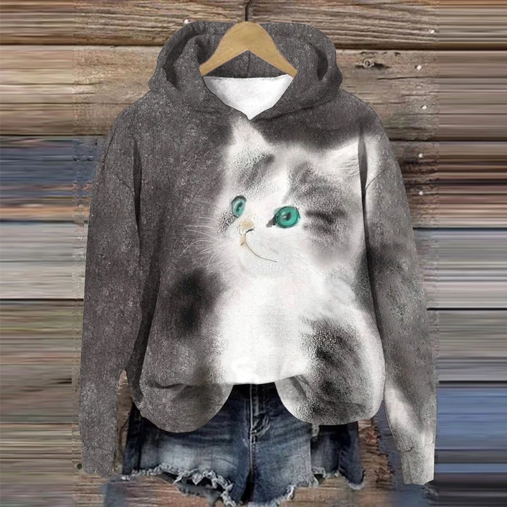 Cute Cat Art Print Casual Long Sleeve Hooded