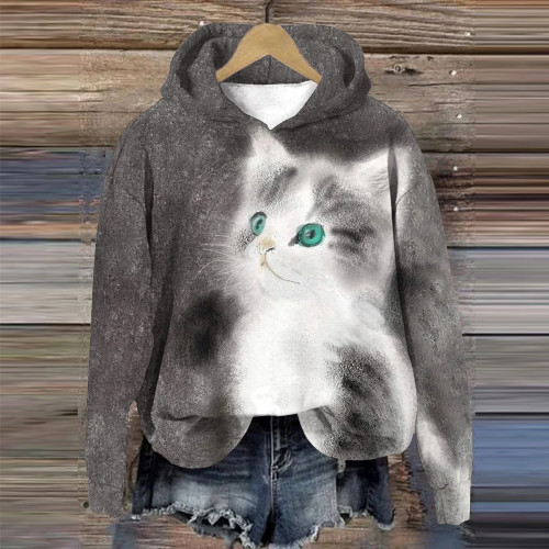 Cute Cat Art Print Casual Long Sleeve Hooded