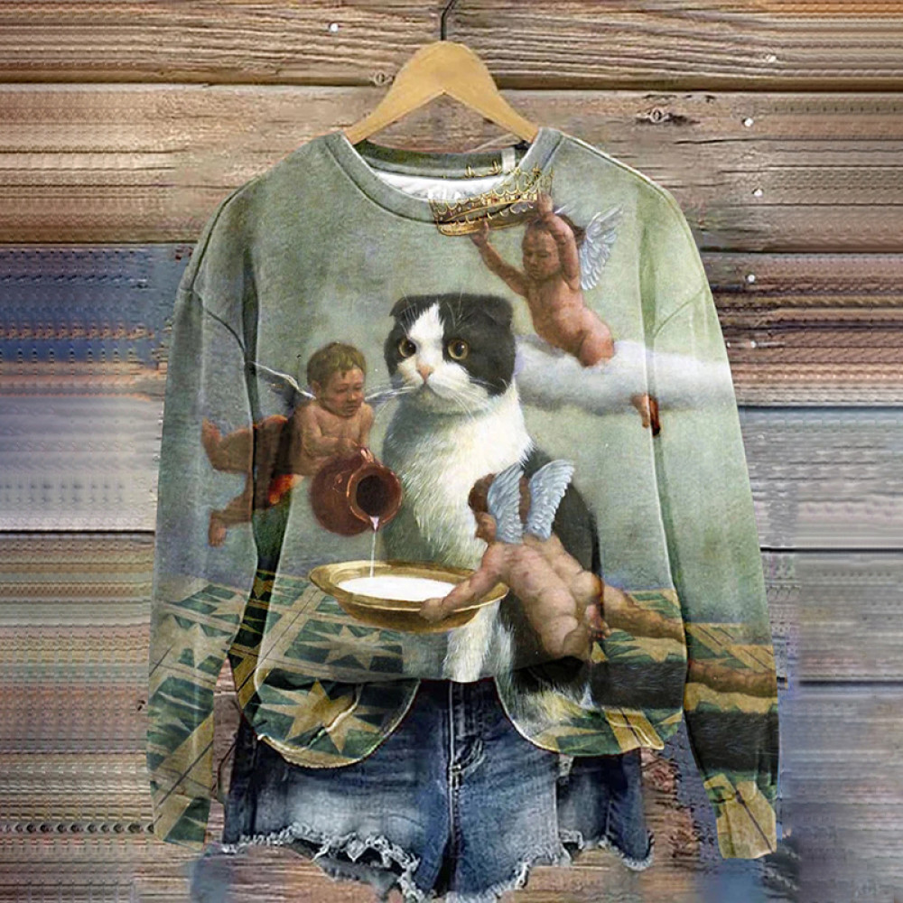 Cute Cat Art Print Casual Round Neck Sweatshirt