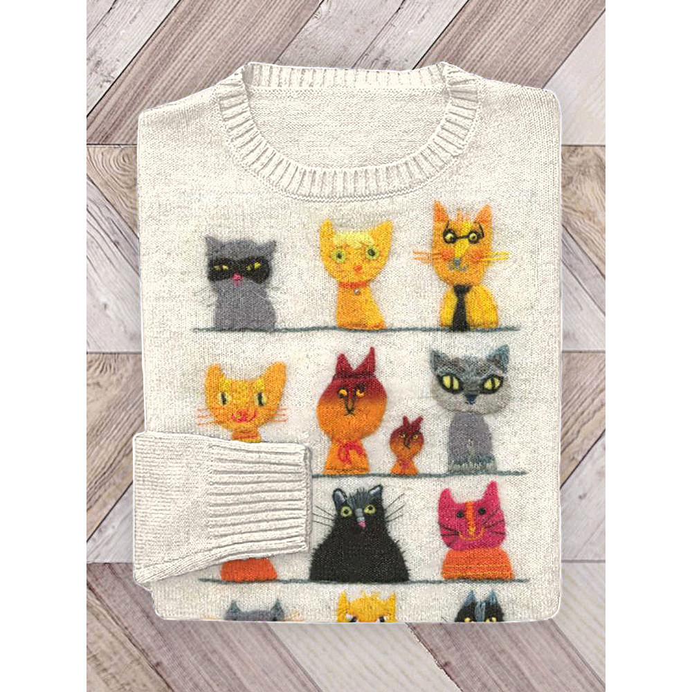 Cute Cat Art Print Cozy Knit Sweater