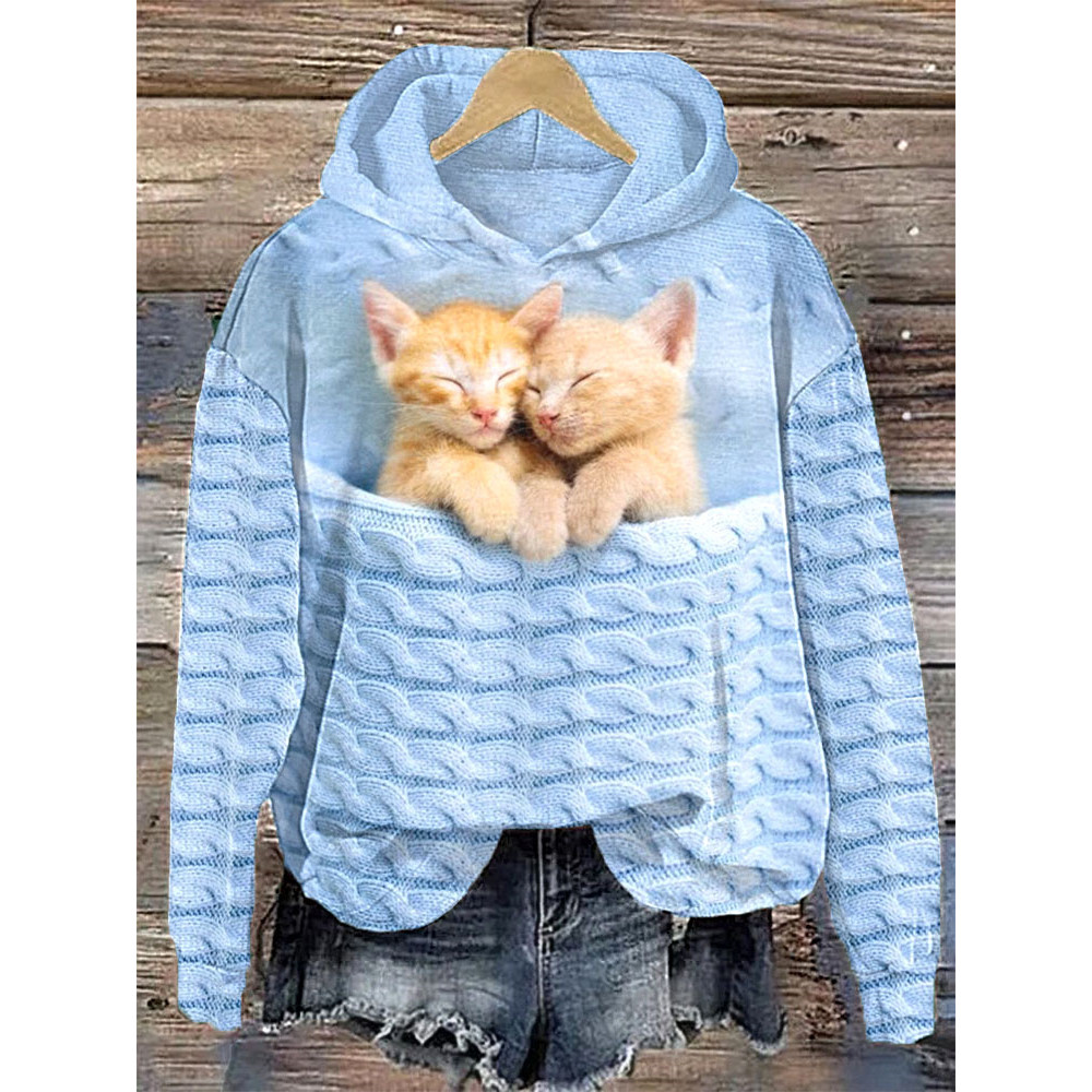 Cute Cat Cable Knit Print Comfortable Hooded Sweatshirt