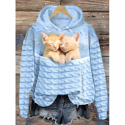 Cute Cat Cable Knit Print Comfortable Hooded Sweatshirt